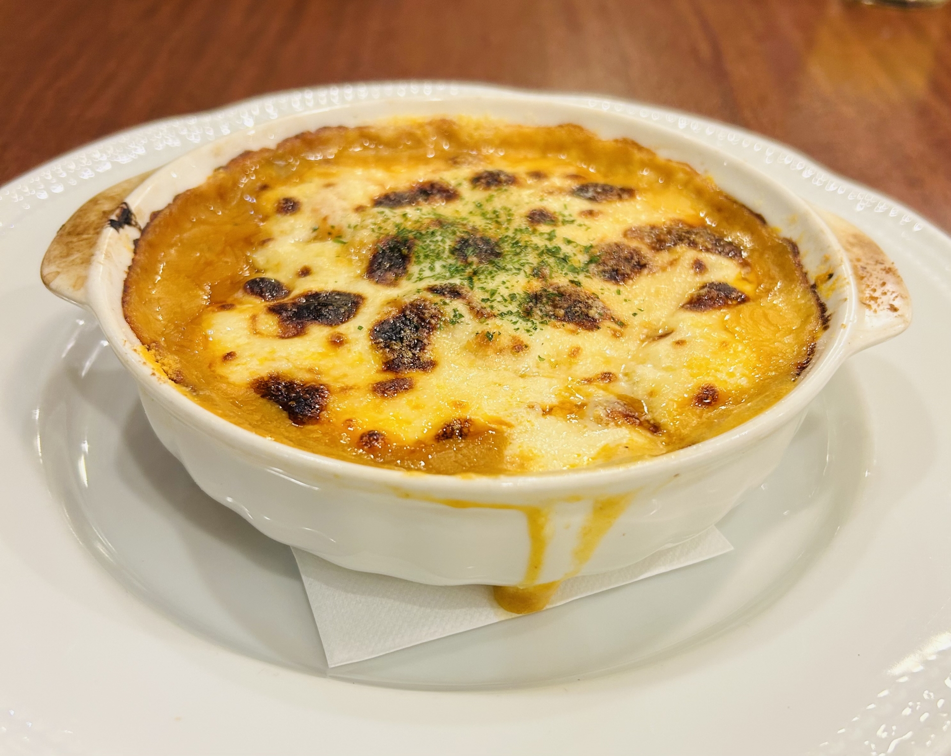 Baked cheese-topped onion gratin soup at Royal Host, a Japanese family restaurant